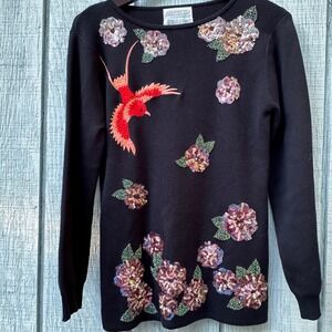 Side Effects Black Embellished Bird & Floral Beaded Sequin Knit Sweater Sz S VTG